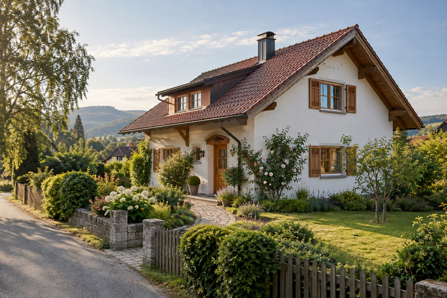 Vollständig sichtbares Wohnhaus mit Gartenweg in einer bayerischen Wohnumgebung