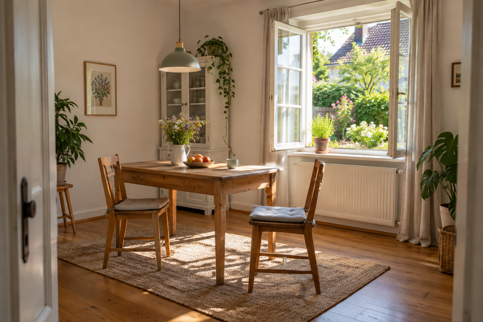 Heller Wohnraum mit vollständigem Esstisch, zwei Stühlen und offenem Gartenfenster